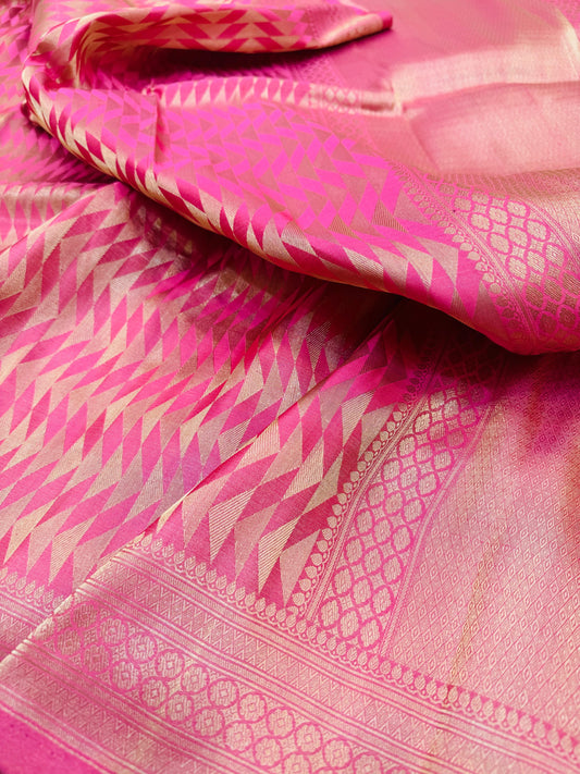 Pure Banarasi Satin Silk Silver Zari  Geometric Pattern Saree