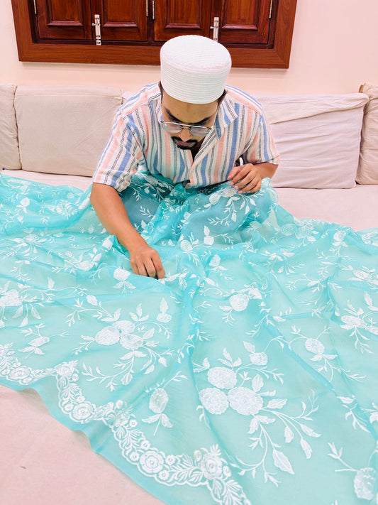 Pure Banarasi Kora Silk Embroidery Saree