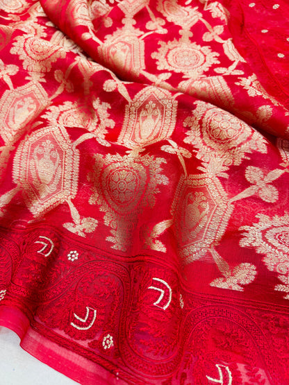 Pure Banarasi Kora Silk Jaal Saree With Satin Border