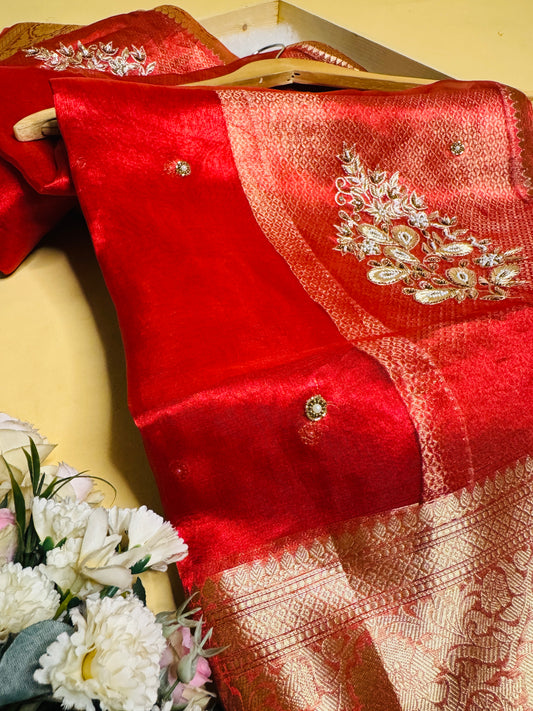 Pure Banarasi Tissue Silk Hand Embroidery Saree