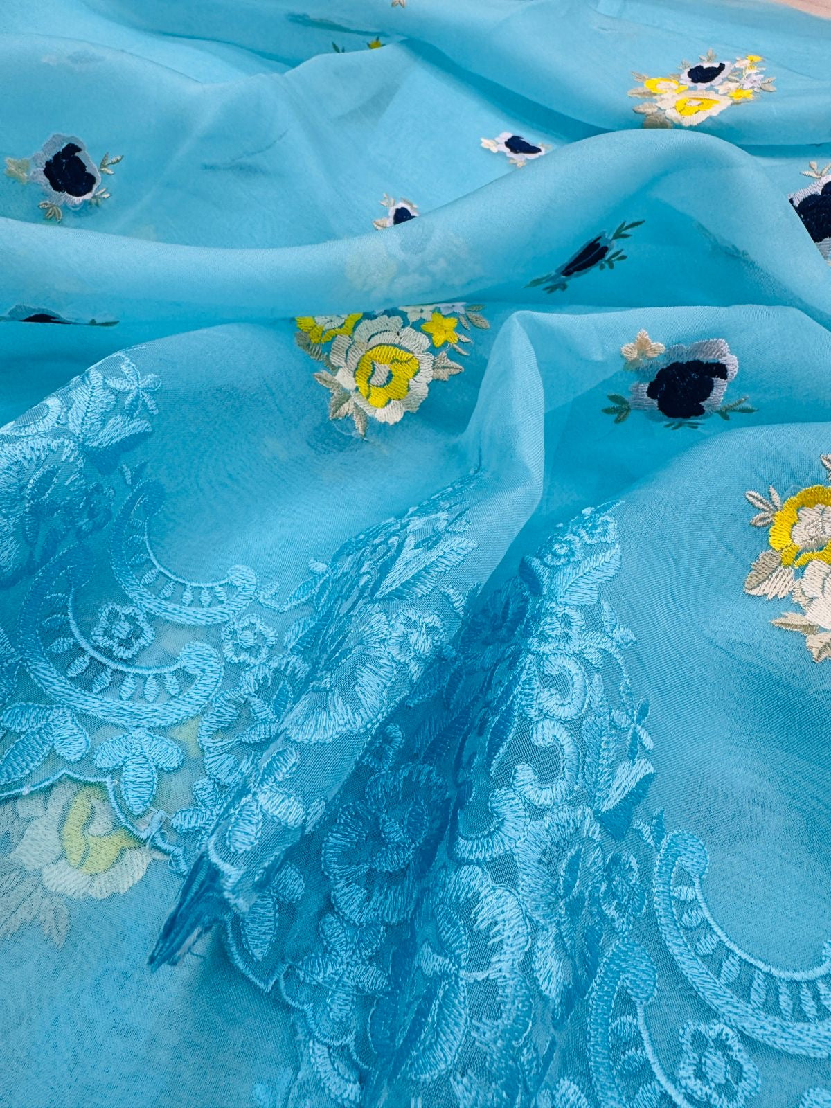 Sky Blue Kora Silk Embroidery Saree