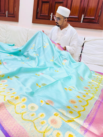 Pure Banarasi Dupion Silk Kadhwa Buta Handbrush Saree