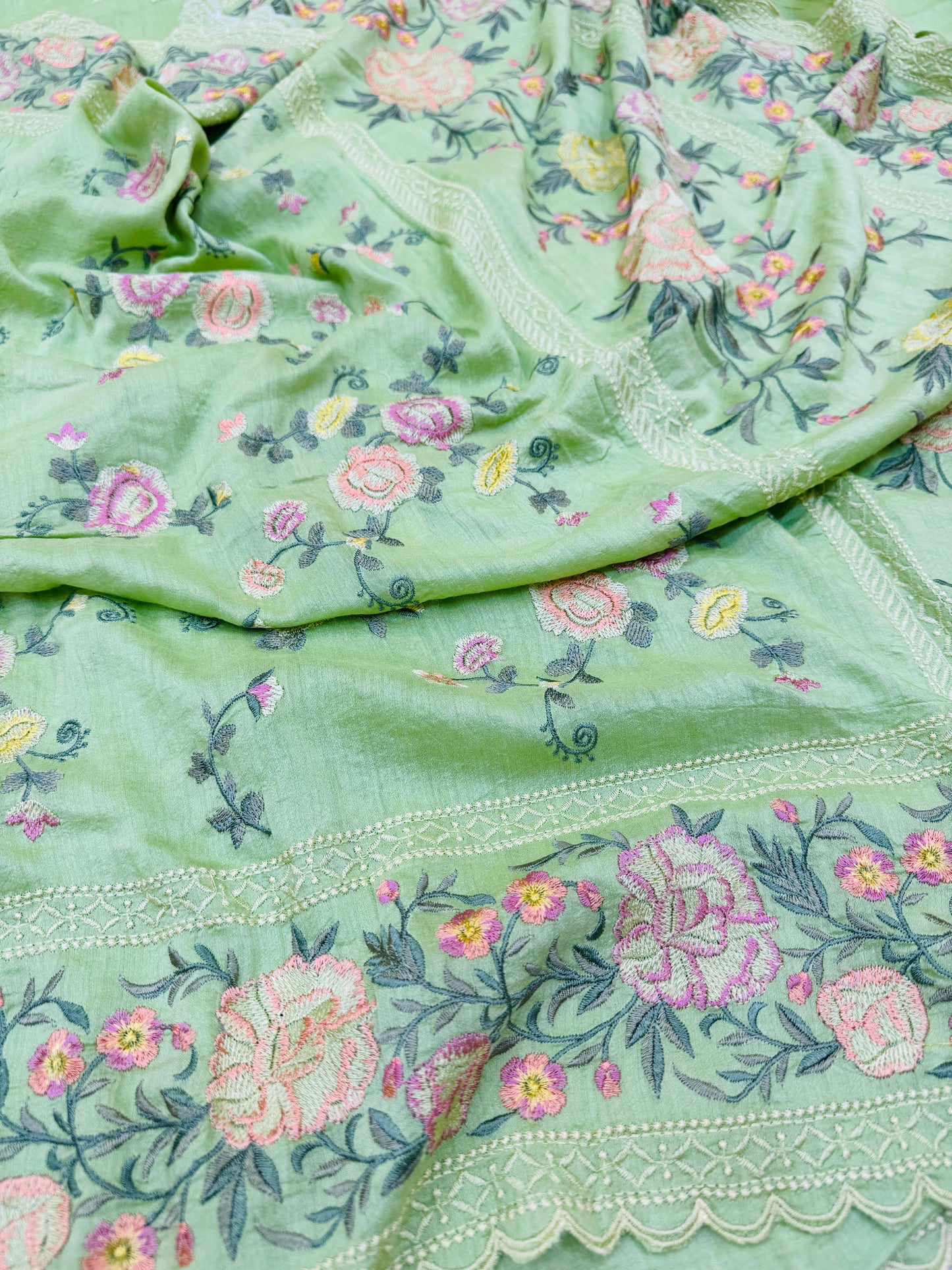 Pure Banarasi Tasar Silk Embroidery Saree