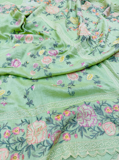 Pure Banarasi Tasar Silk Embroidery Saree