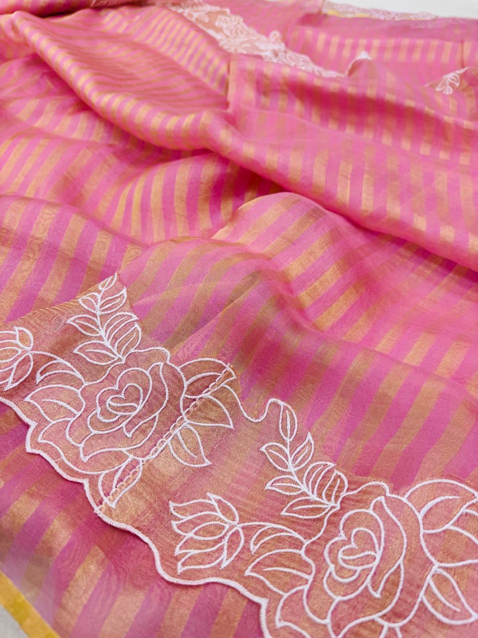 Pure Banarasi Tissue Silk Stripe Sarees With Applique Work