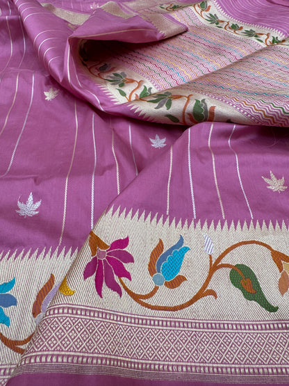 Pure Banarasi Katan Silk Buti Stripe Paithani Border Saree
