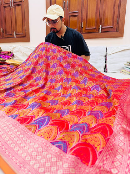 Pure Banarasi Katan Silk Tanchoi Jaal Saree