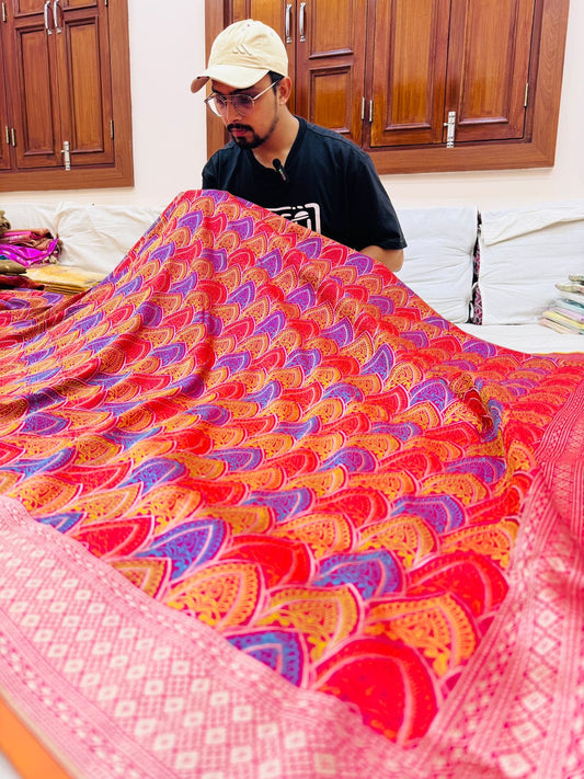 Pure Banarasi Katan Silk Tanchoi Jaal Saree
