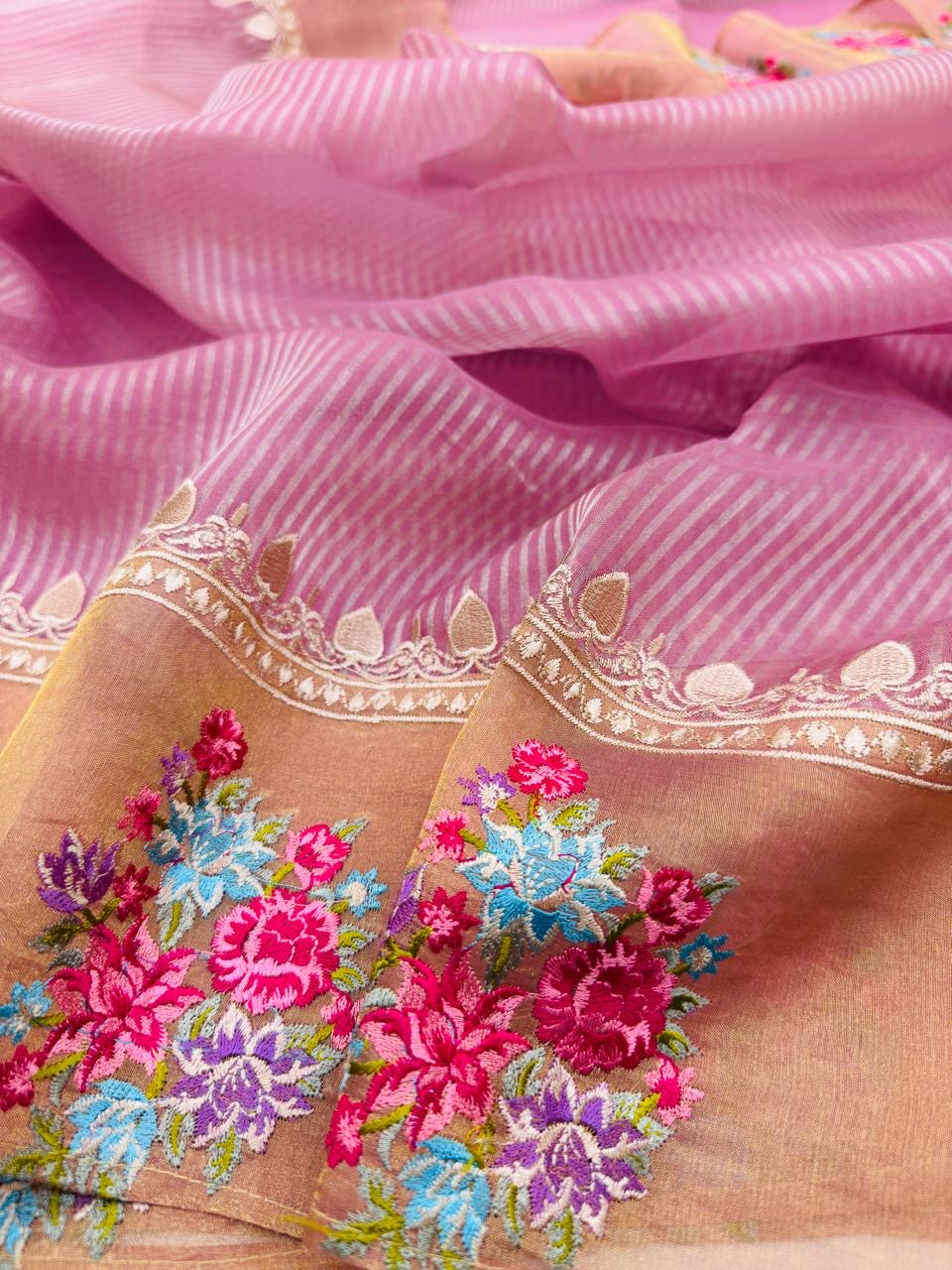 Tissue Stripe Embroidery Saree