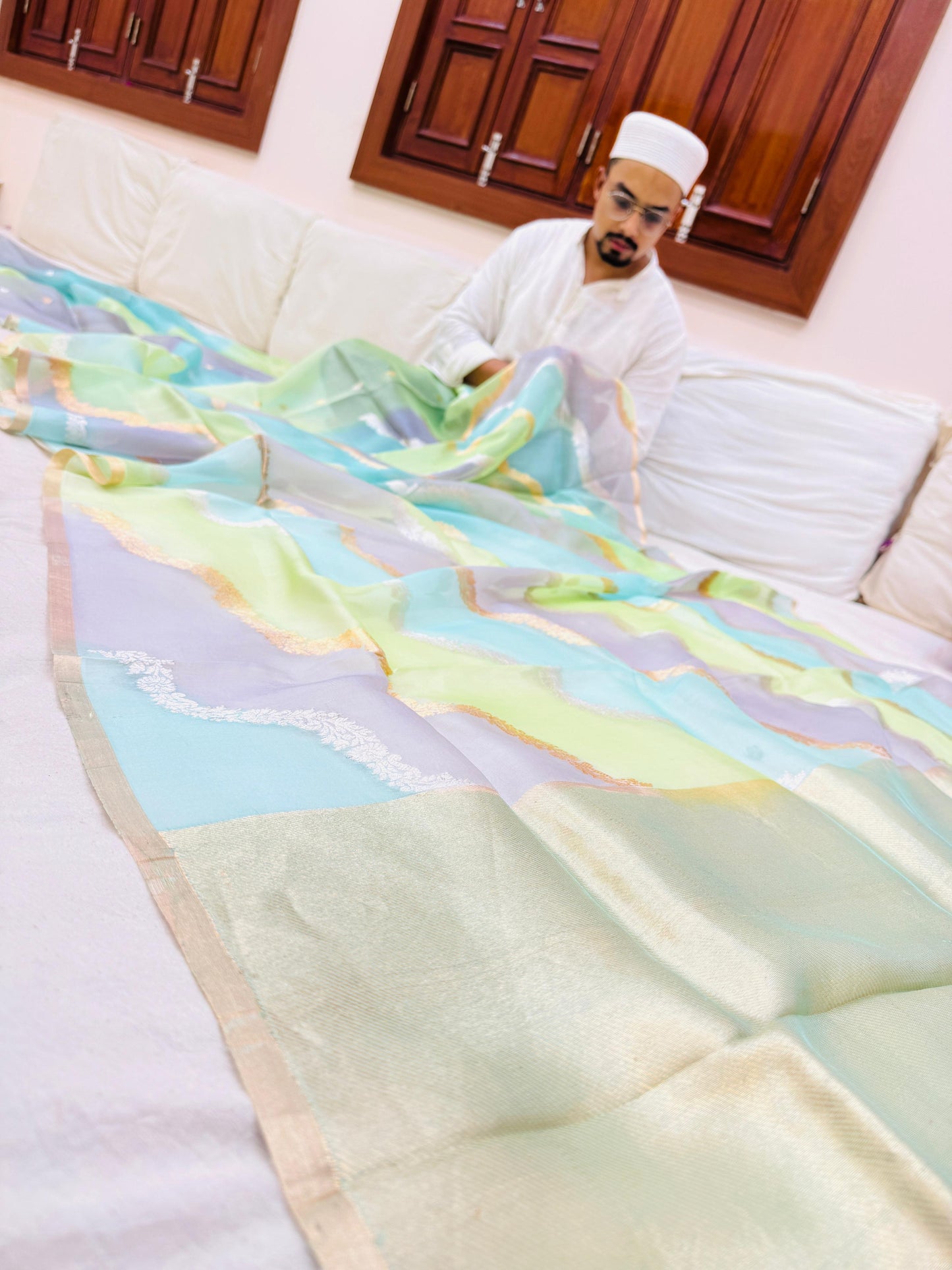 Pure Banarasi Organza Silk Rangkaat Half & Half Saree