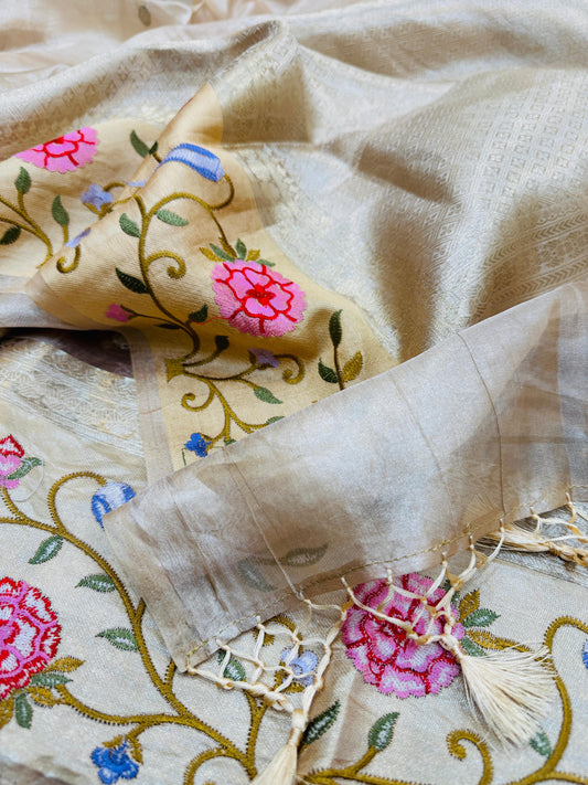 Pure Banarasi Tissue Silk Satin Border Embroidery Saree