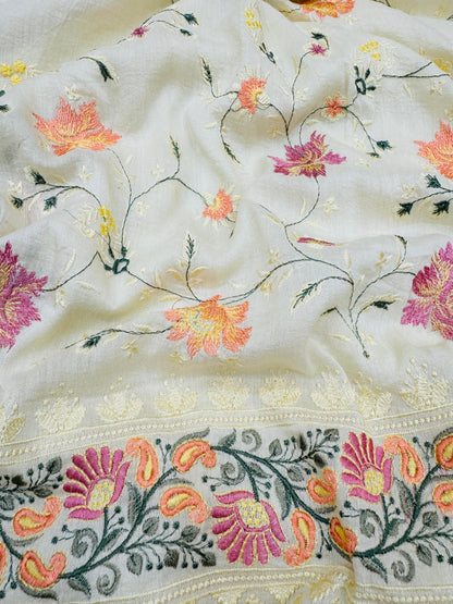 Pure Banarasi Tasar Silk Embroidery Saree