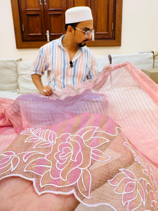 Pure Banarasi Tissue Silk Stripe Sarees With Applique Work