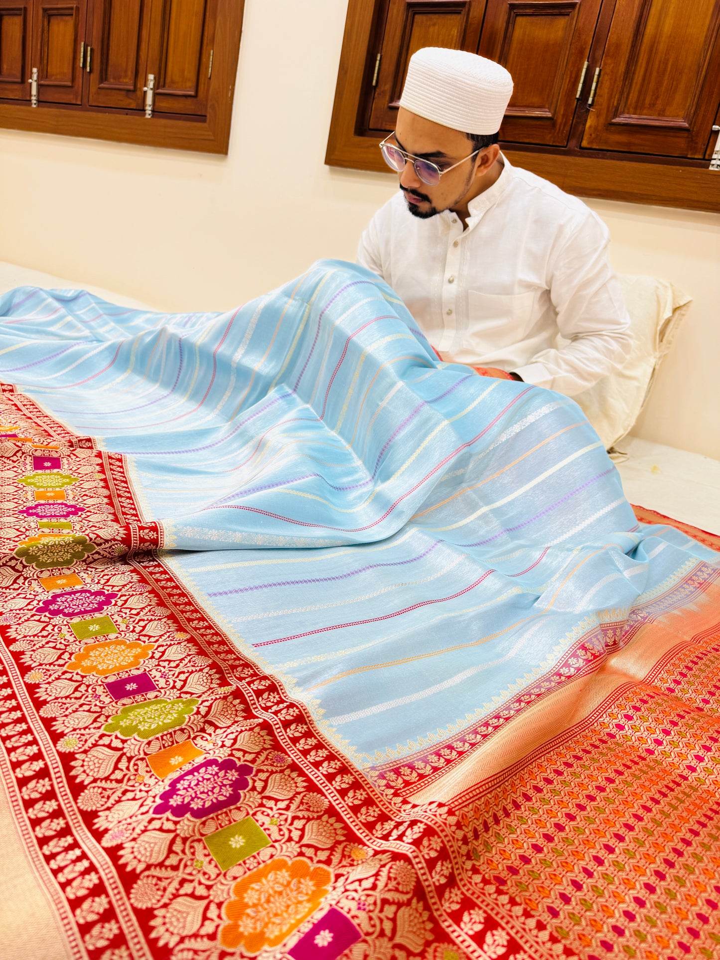 Pure Banarasi Kora Tissue Silk Stripe Saree