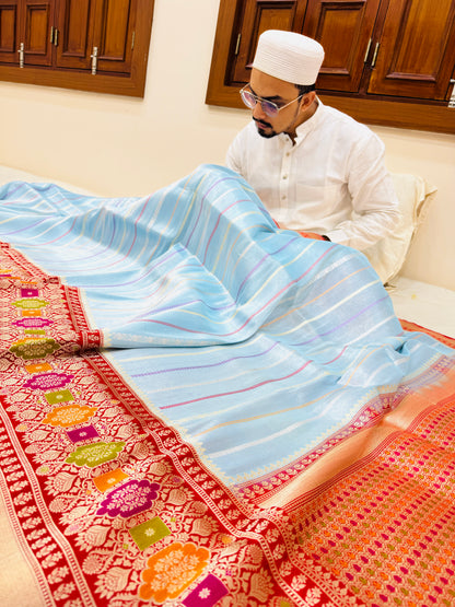 Pure Banarasi Kora Tissue Silk Stripe Saree