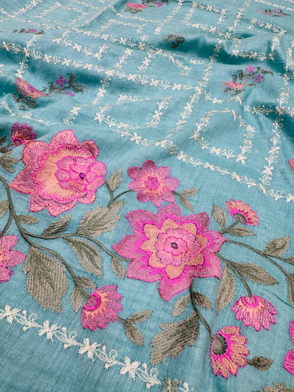 Pure Banarasi Tasar Silk Embroidery Saree