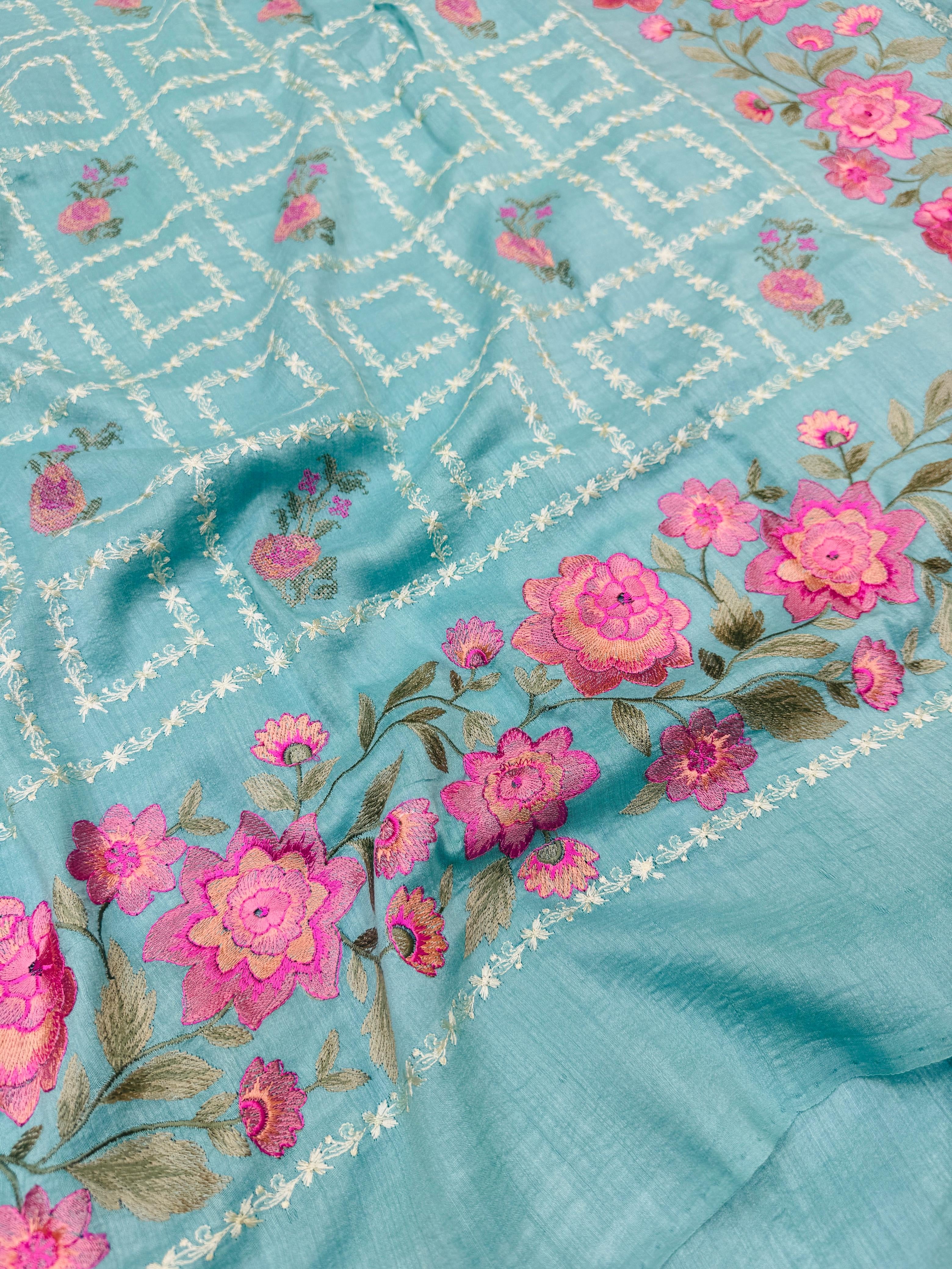 Pure Banarasi Tasar Silk Embroidery Saree