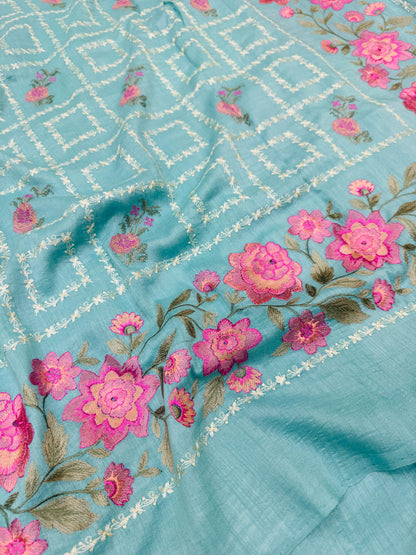 Pure Banarasi Tasar Silk Embroidery Saree