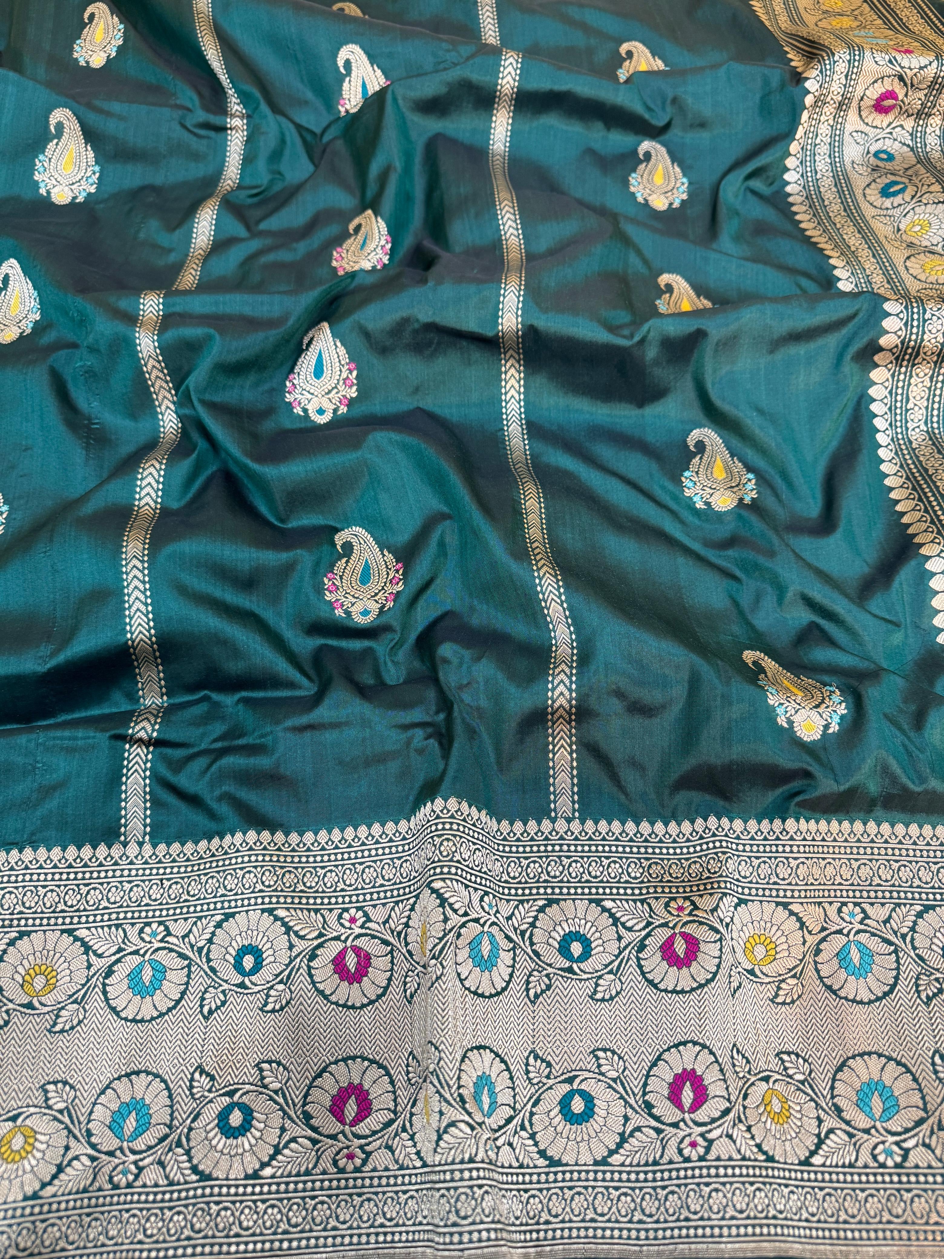Bottle Green Katan Silk Stripe Buti Saree