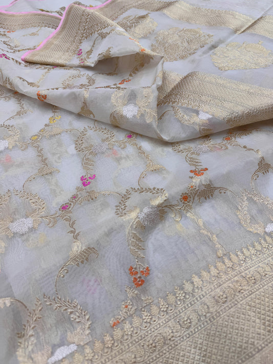 Pure Banarasi kora Silk Kadhwa Jaal Saree