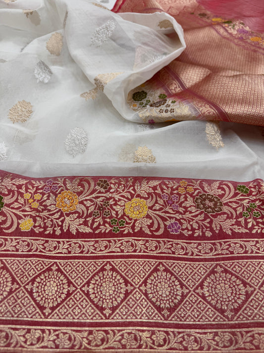 Pure Banarasi Kora Silk Kadhwa Buta Saree